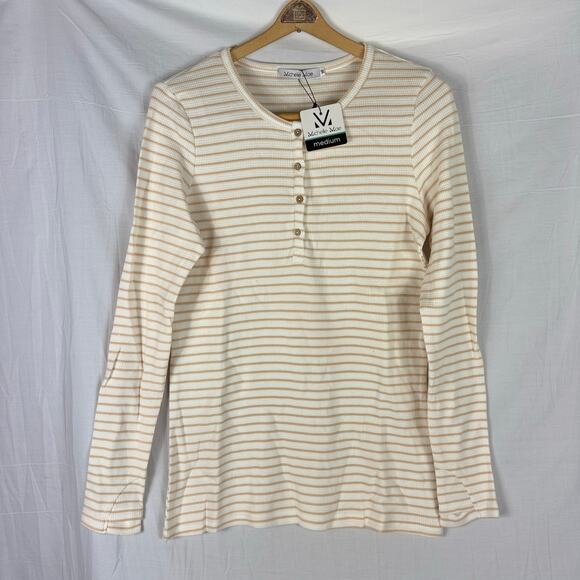 NWT Michelle Mae Long Sleeve Waffle Knit Thermal Top Women Medium Tan Striped - Picture 1 of 7